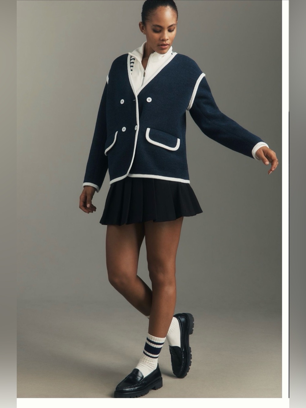 Anthropologie Dolan Left Coast Piped Double-Breasted Blazer Navy XL